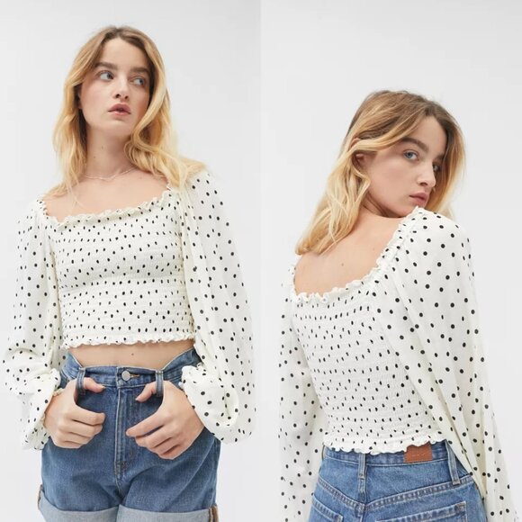 Urban Outfitters White Black Polka Dot Ryan Smocked Square Neck Top - Picture 1 of 6